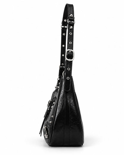 Studded Buckle-Flap Hobo Bag
