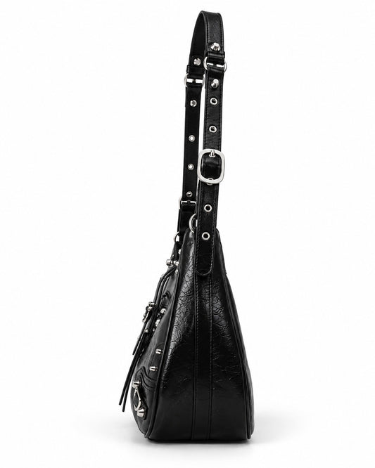 Studded Buckle-Flap Hobo Bag