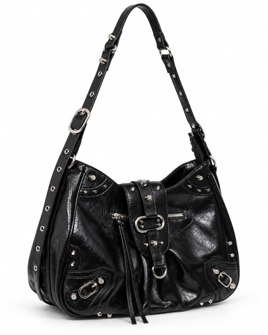 Studded Buckle-Flap Hobo Bag