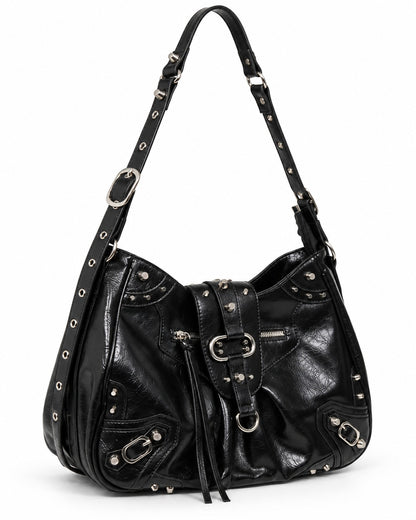 Studded Buckle-Flap Hobo Bag