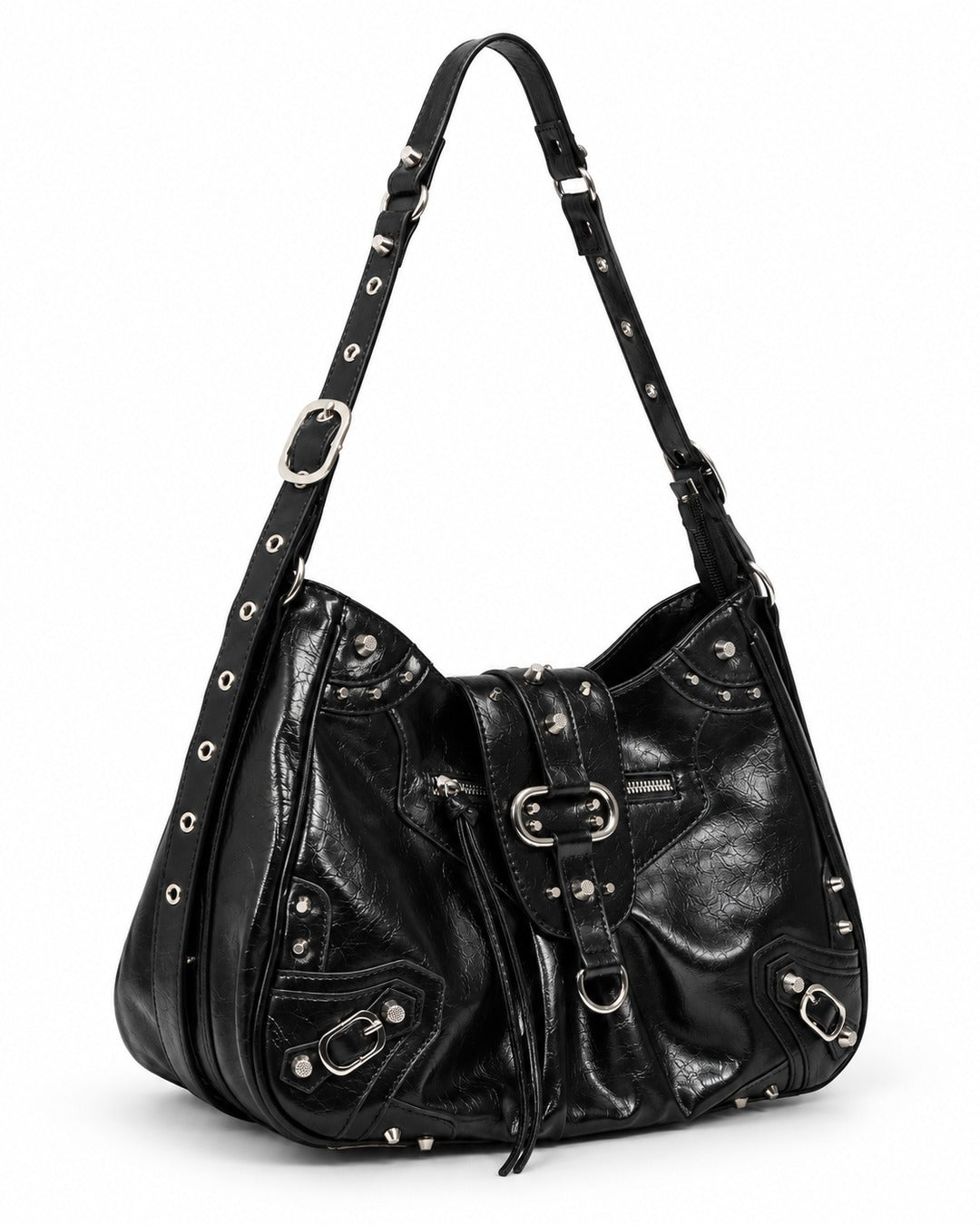 Studded Buckle-Flap Hobo Bag