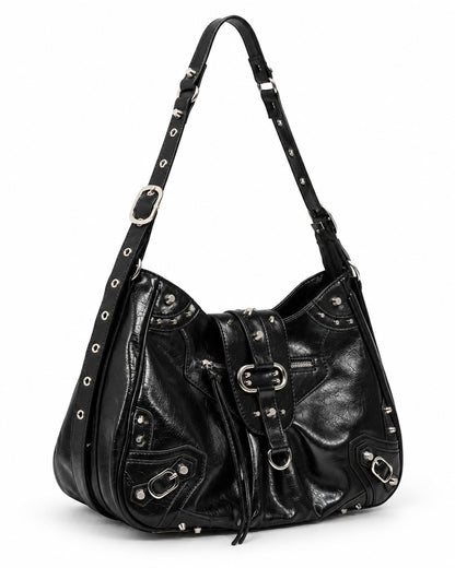 Studded Buckle-Flap Hobo Bag