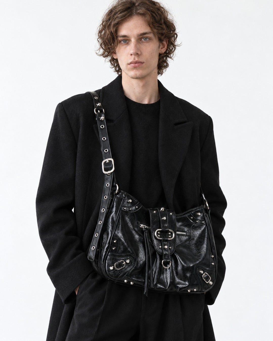 Studded Buckle-Flap Hobo Bag