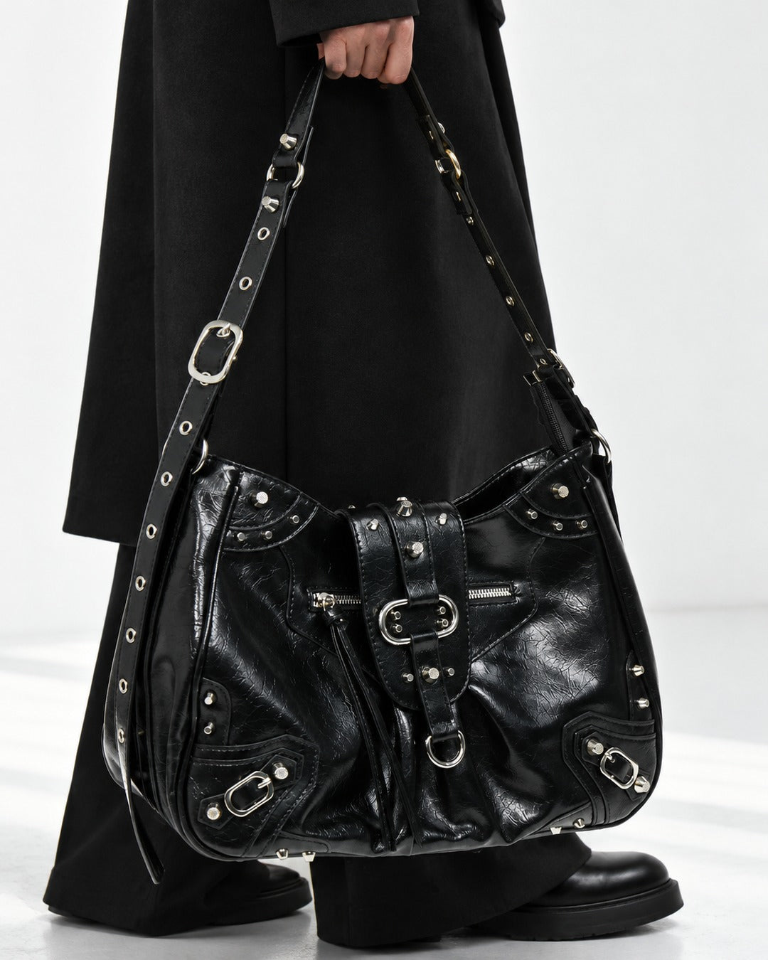 Studded Buckle-Flap Hobo Bag