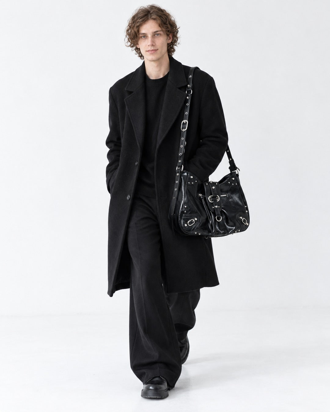 Studded Buckle-Flap Hobo Bag