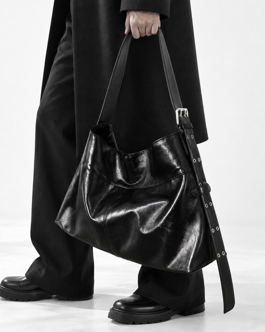 Slouchy Buckle-Strap Hobo Bag