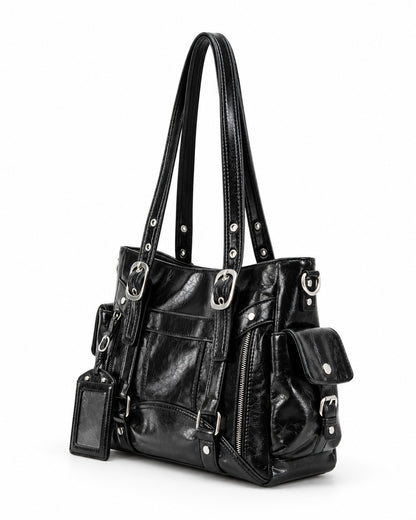 Double-Buckle Multi-Pocket Tote Bag