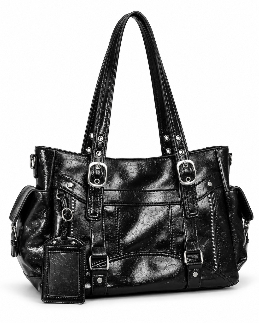 Double-Buckle Multi-Pocket Tote Bag