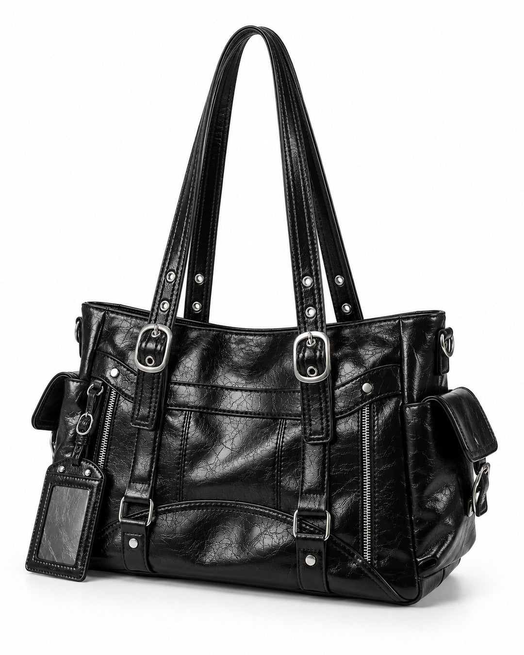 Double-Buckle Multi-Pocket Tote Bag