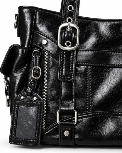 Double-Buckle Multi-Pocket Tote Bag