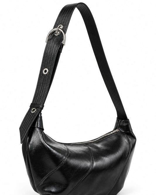 Glossy Buckle-Strap Crescent Bag