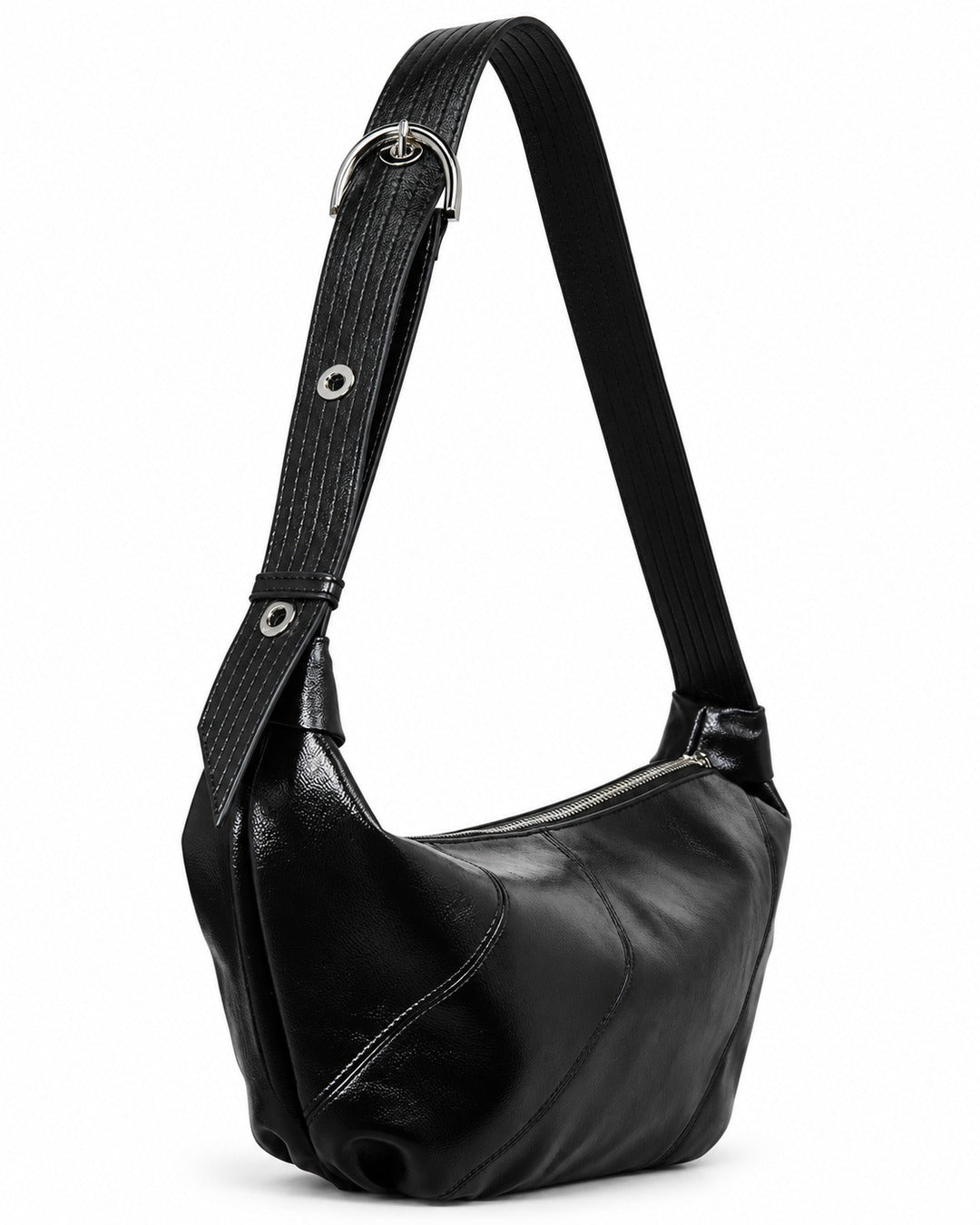 Glossy Buckle-Strap Crescent Bag