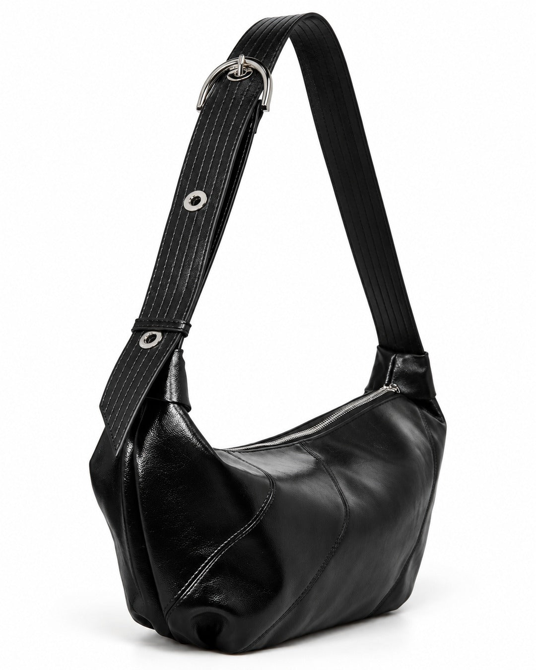 Glossy Buckle-Strap Crescent Bag