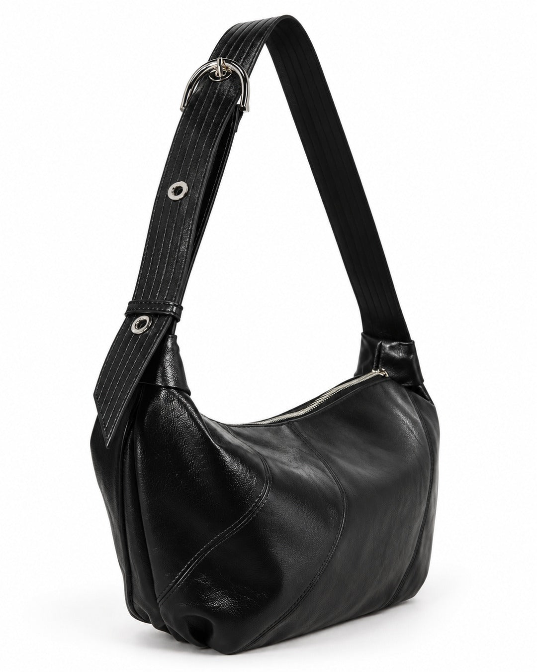 Glossy Buckle-Strap Crescent Bag