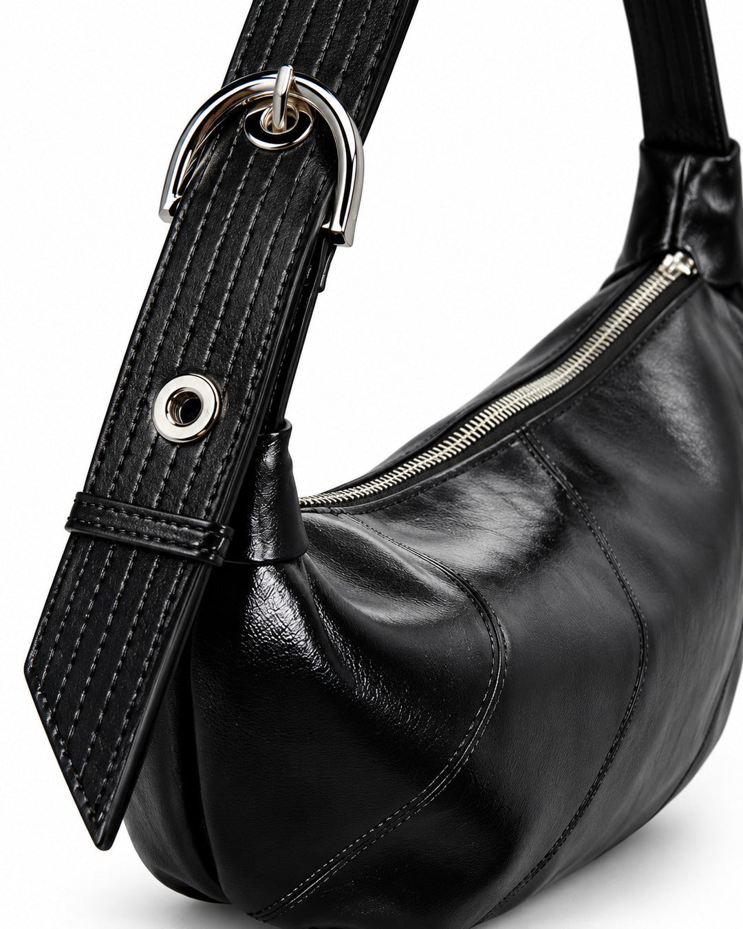 Glossy Buckle-Strap Crescent Bag