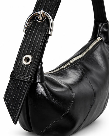 Glossy Buckle-Strap Crescent Bag