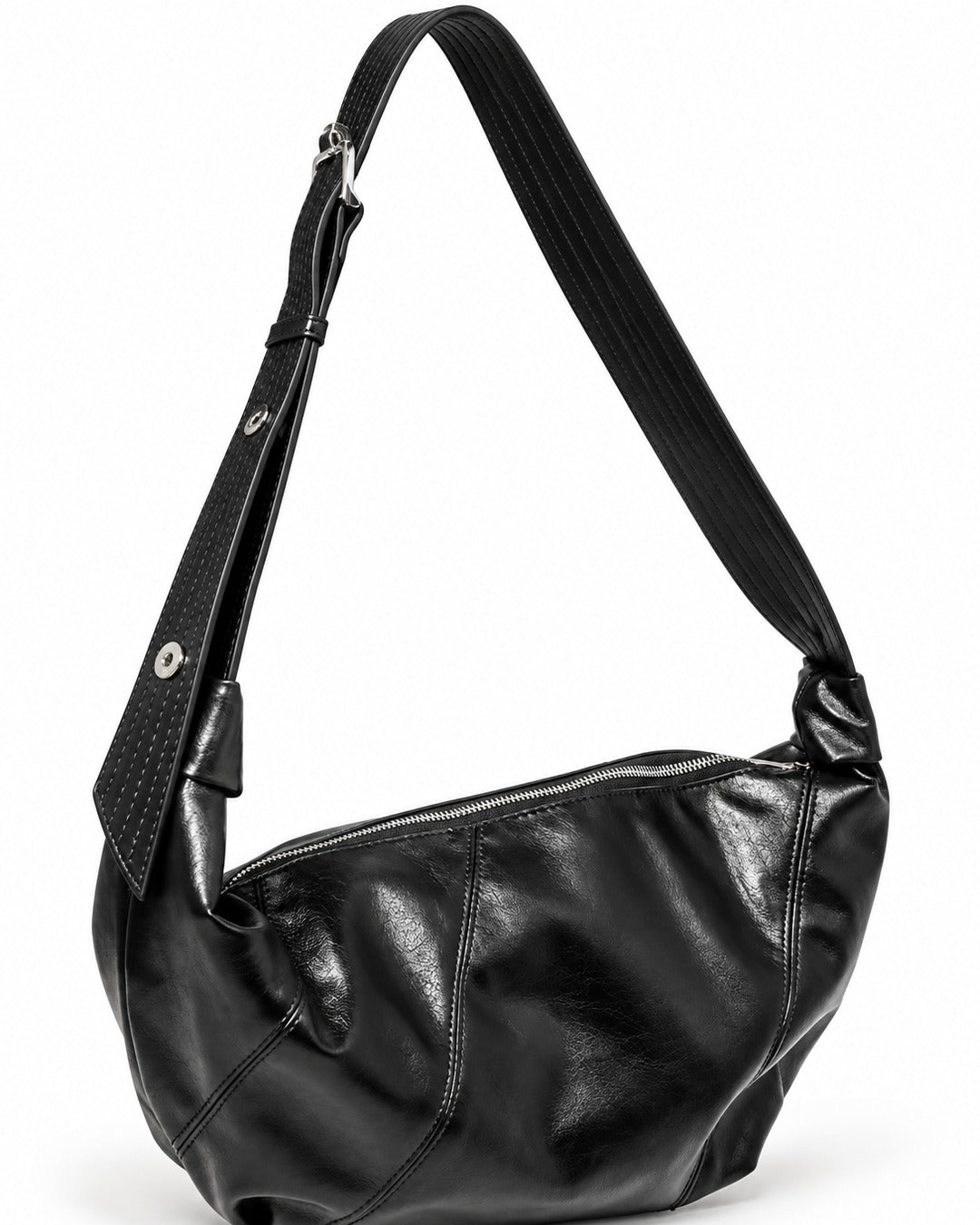 Glossy Buckle-Strap Crescent Bag