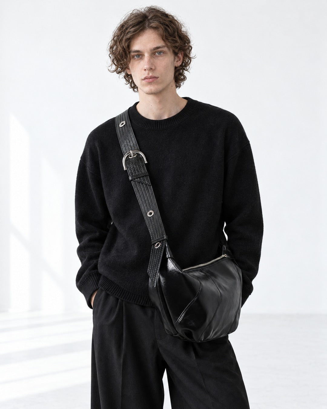 Glossy Buckle-Strap Crescent Bag
