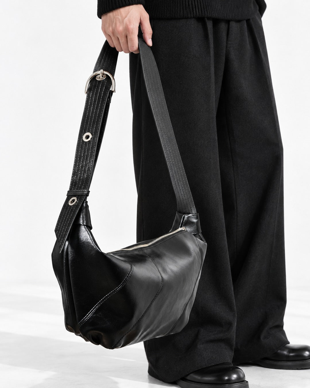 Glossy Buckle-Strap Crescent Bag