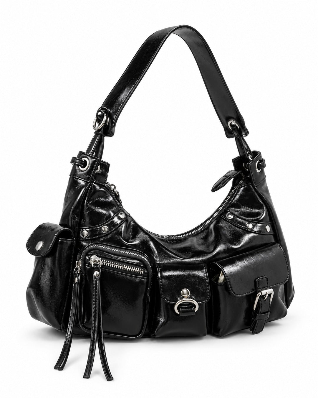 Multi-Pocket Studded Shoulder Bag