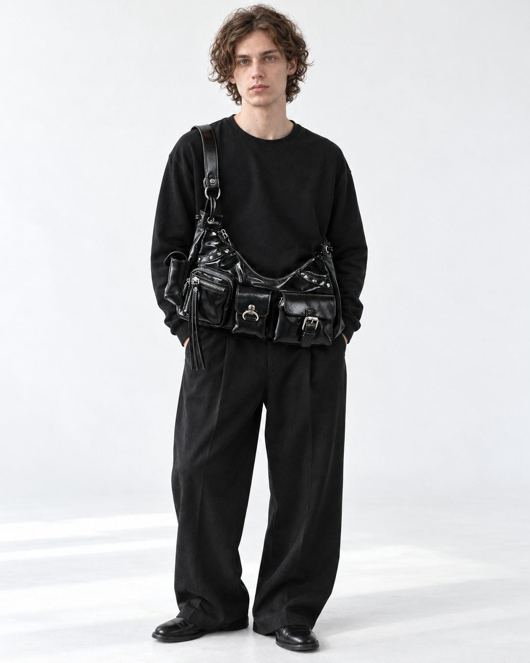 Multi-Pocket Studded Shoulder Bag