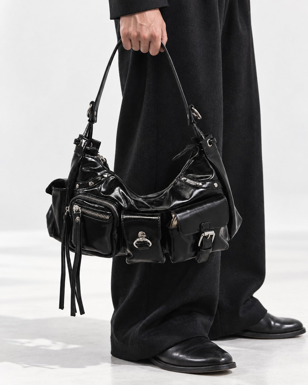 Multi-Pocket Studded Shoulder Bag