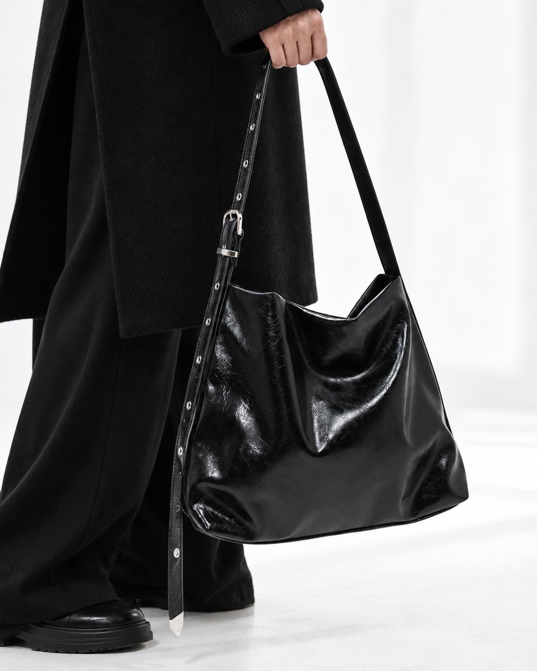 Studded Buckle-Strap Hobo Bag
