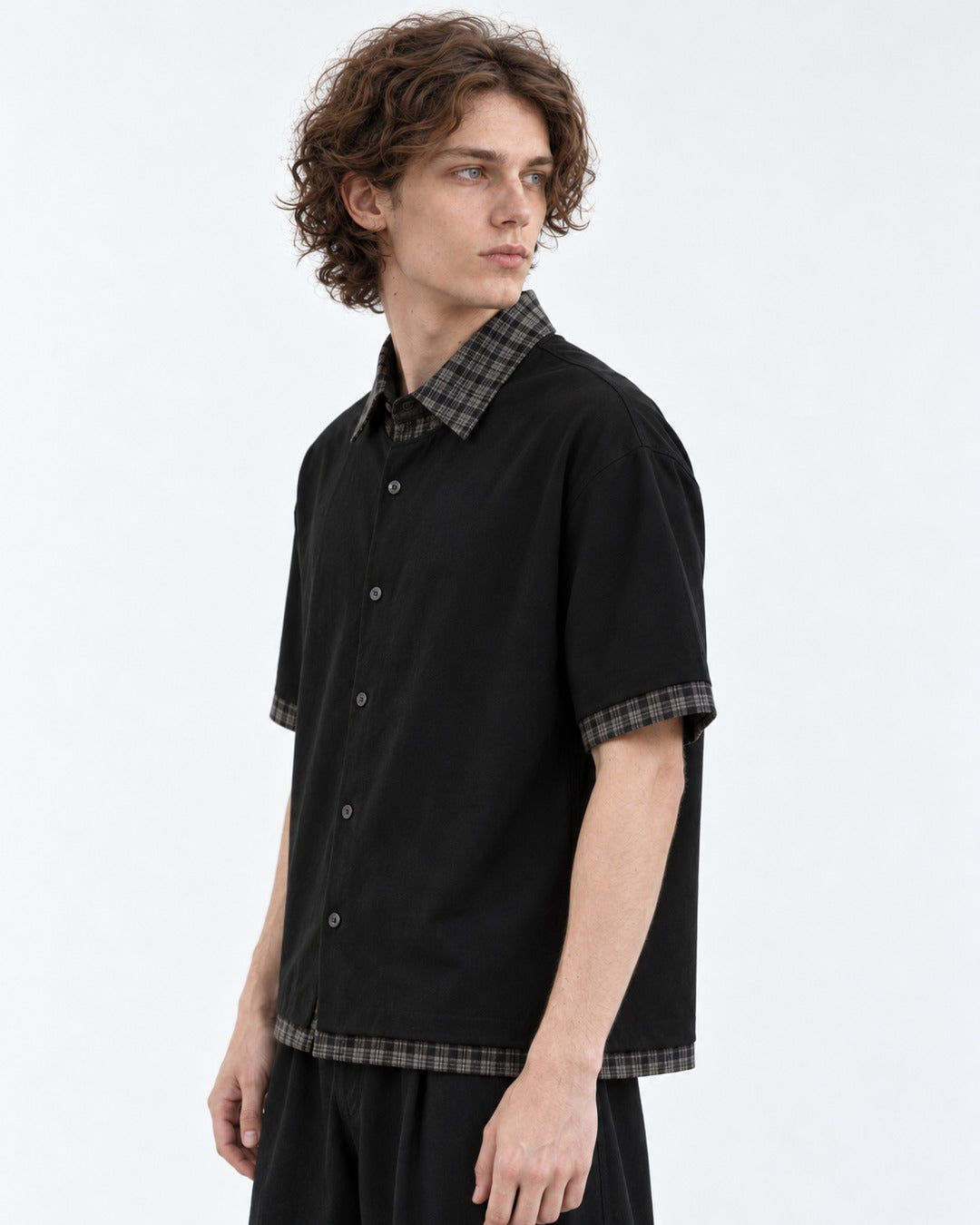 Shirt with Plaid Contrast Collar