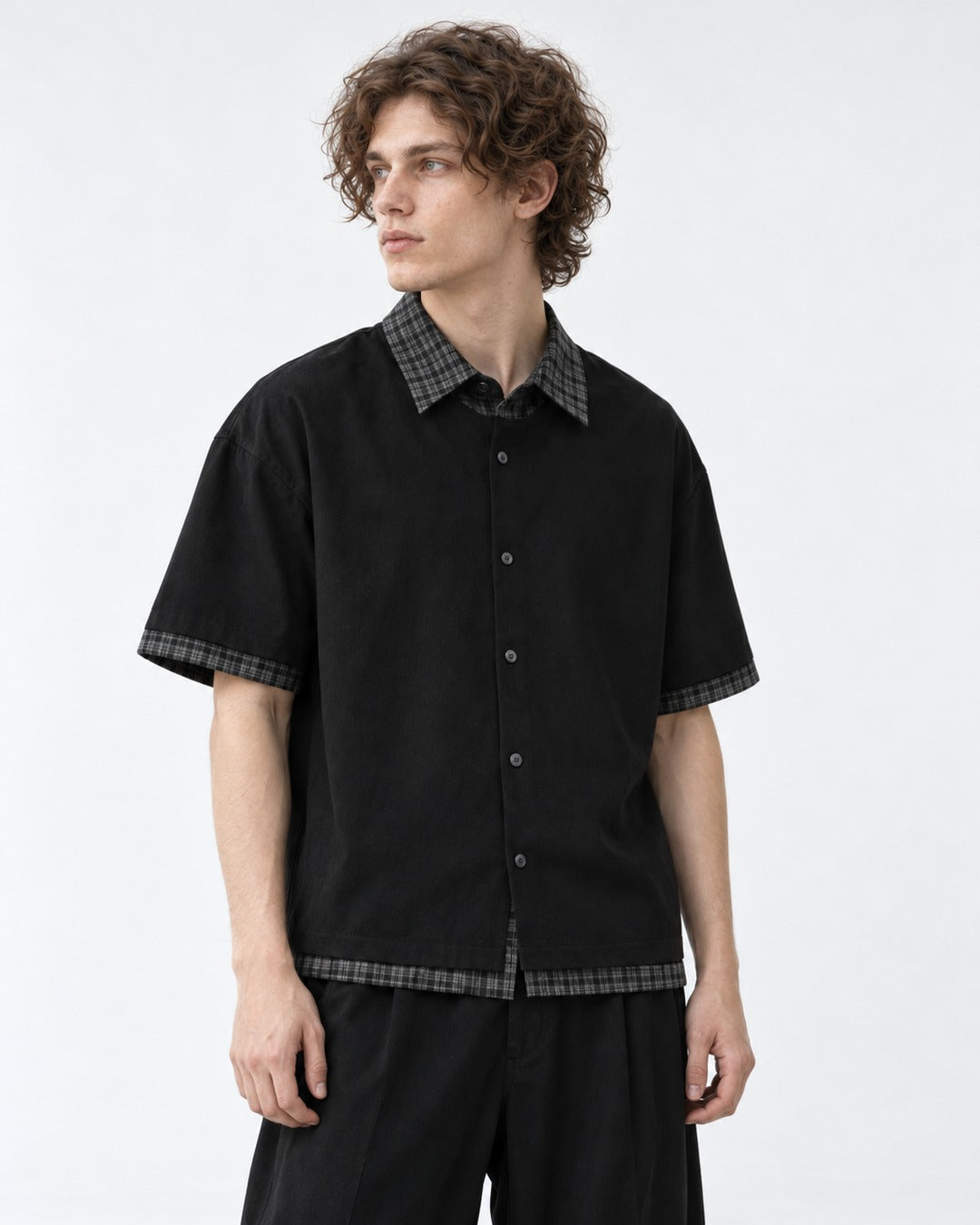 Shirt with Plaid Contrast Collar