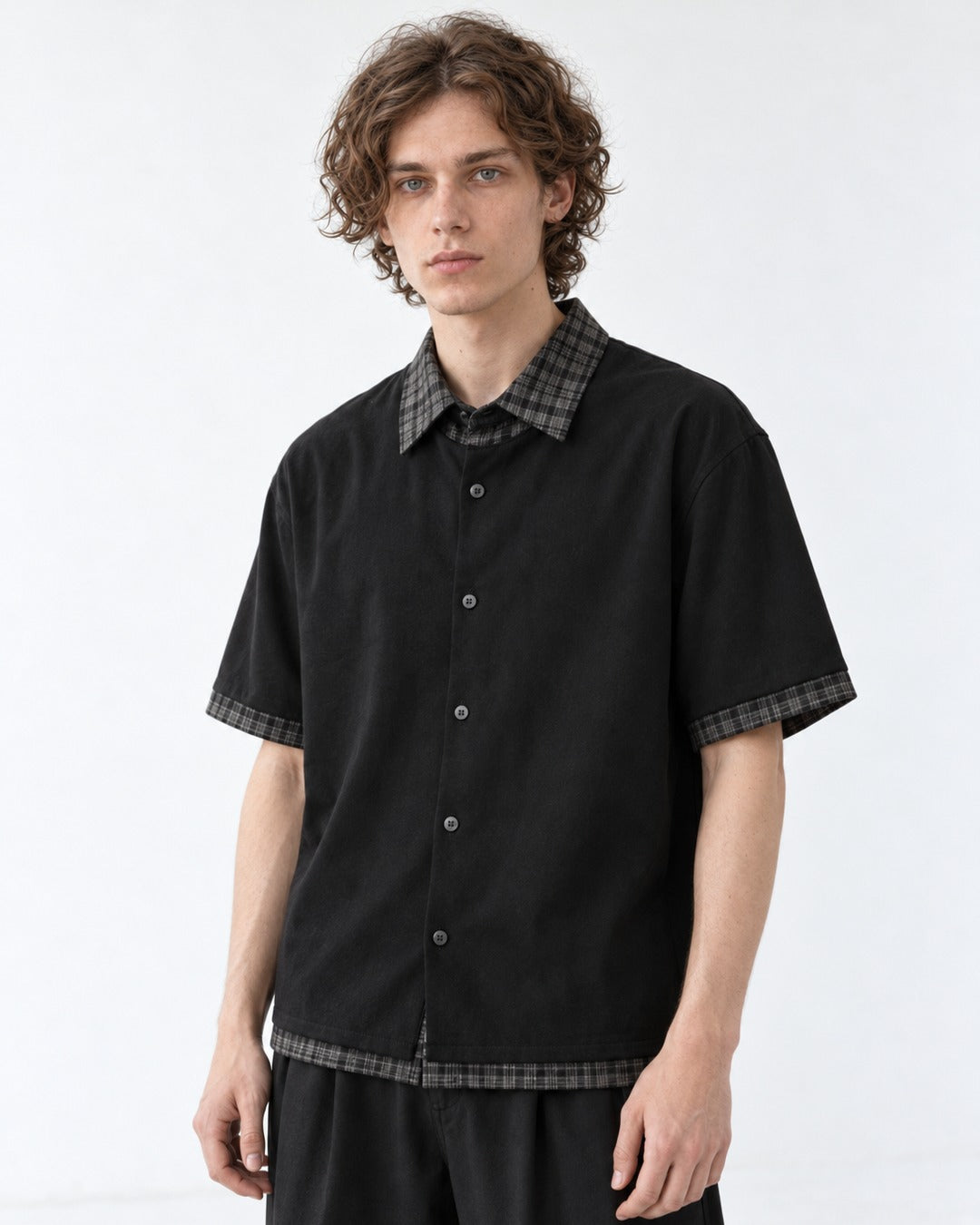Shirt with Plaid Contrast Collar