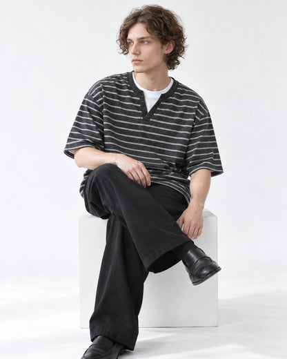 Striped Henley V-Neck Tee