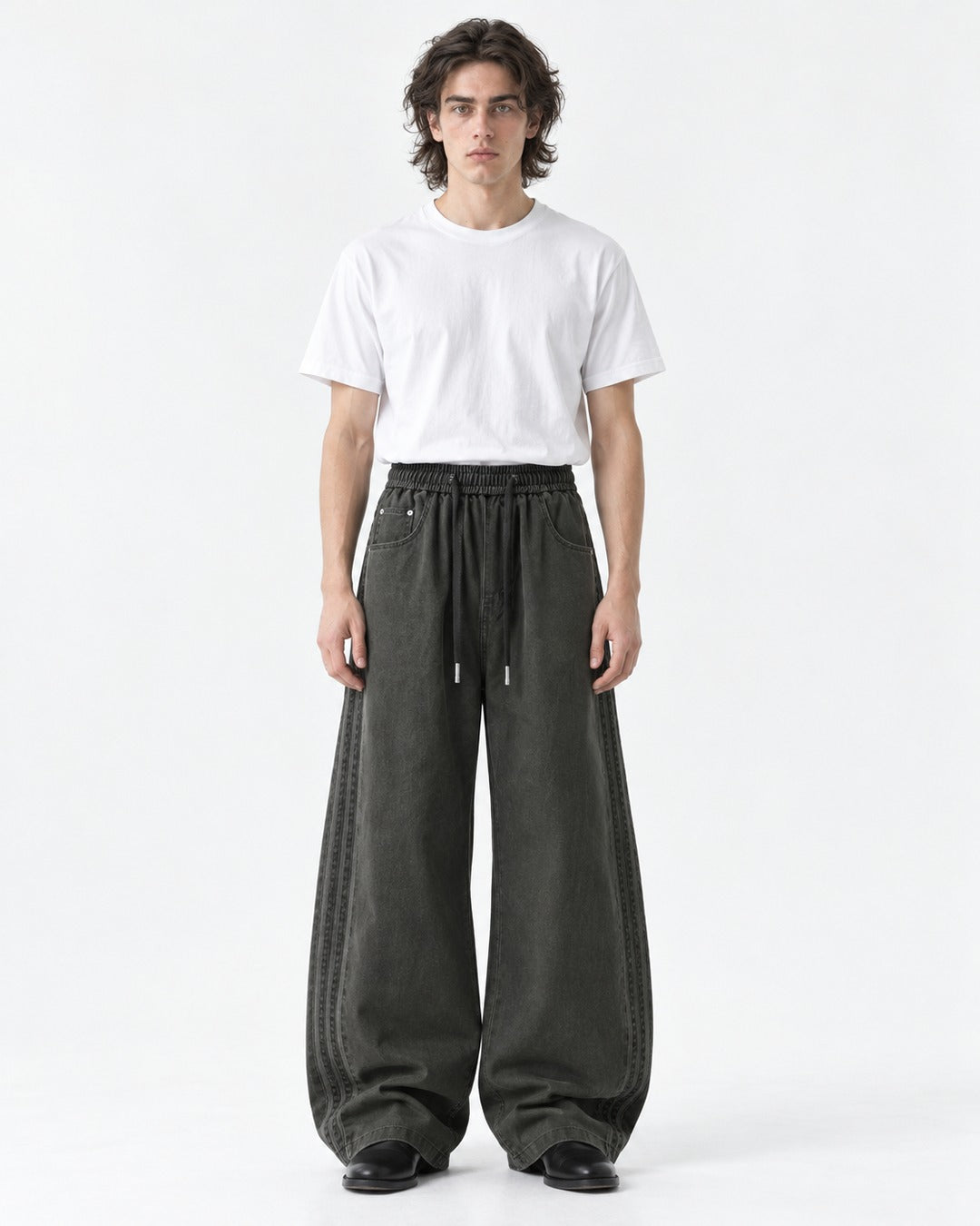 Braided Side-Stripe Wide-Leg Pants