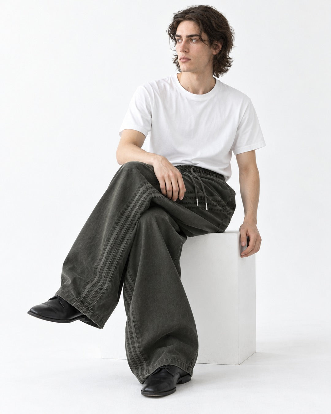 Braided Side-Stripe Wide-Leg Pants