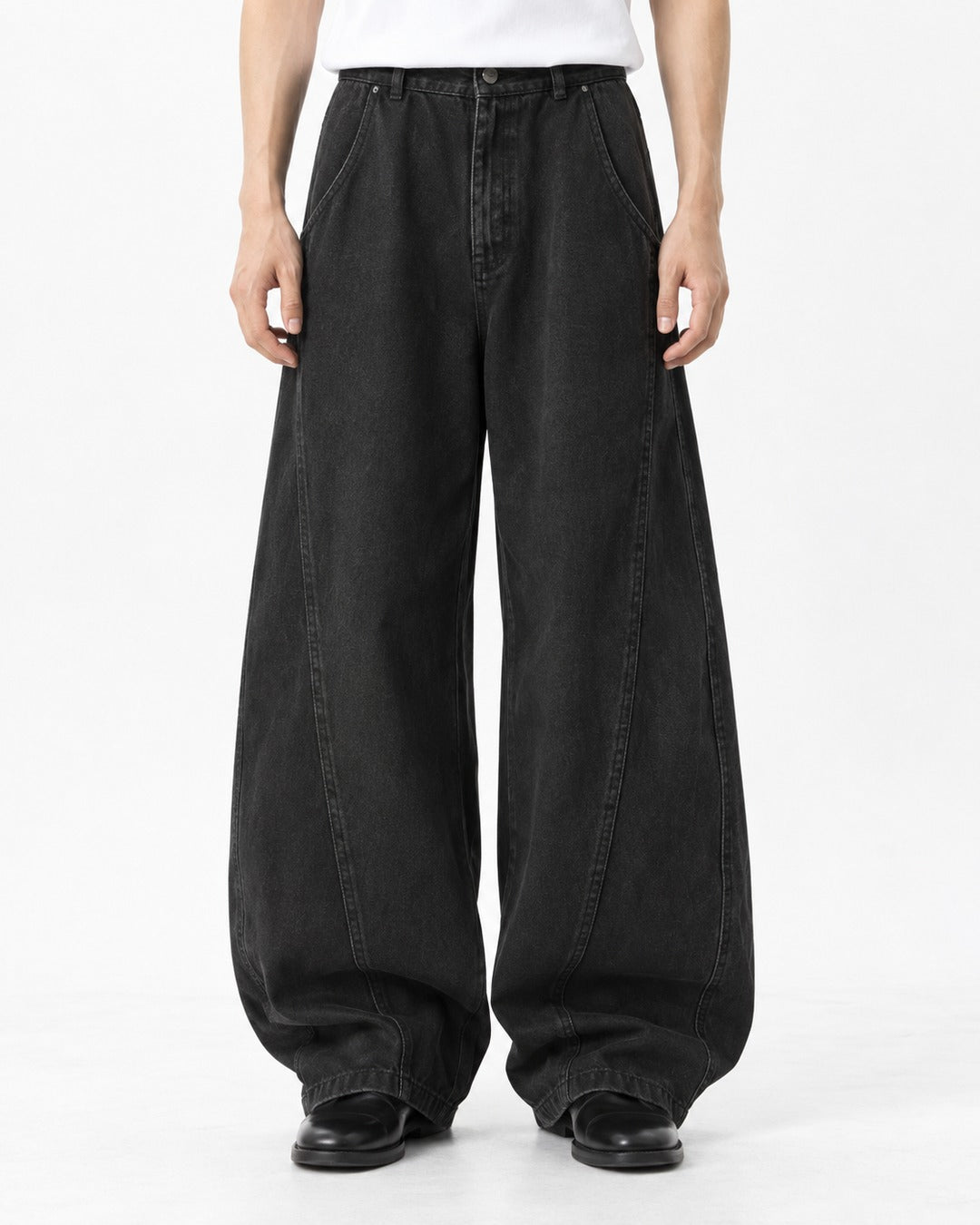 Curved-Seam Elastic-Waist Wide-Leg Pants