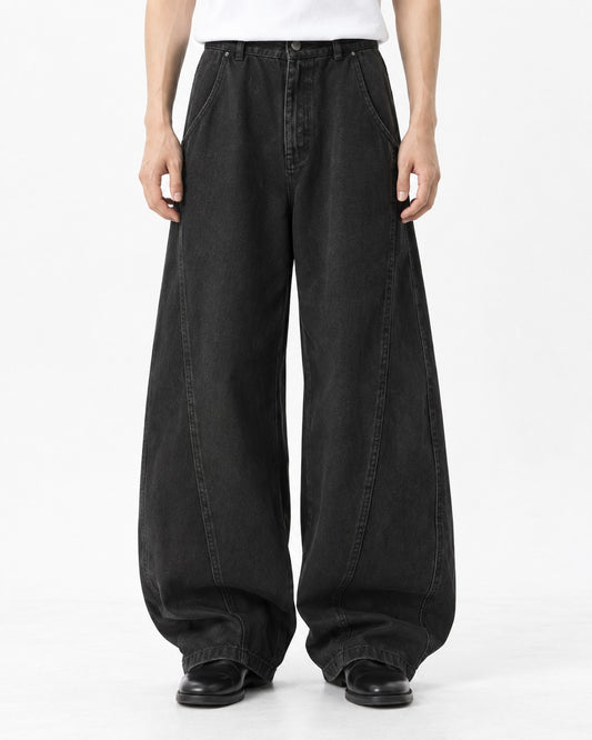 Curved-Seam Elastic-Waist Wide-Leg Pants