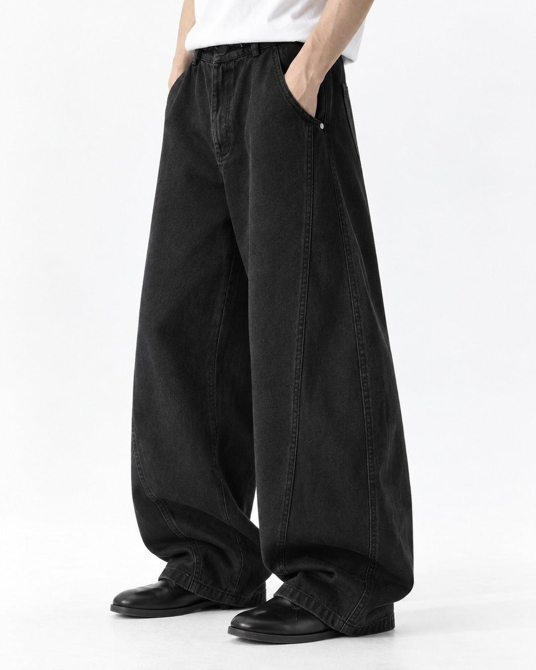 Curved-Seam Elastic-Waist Wide-Leg Pants