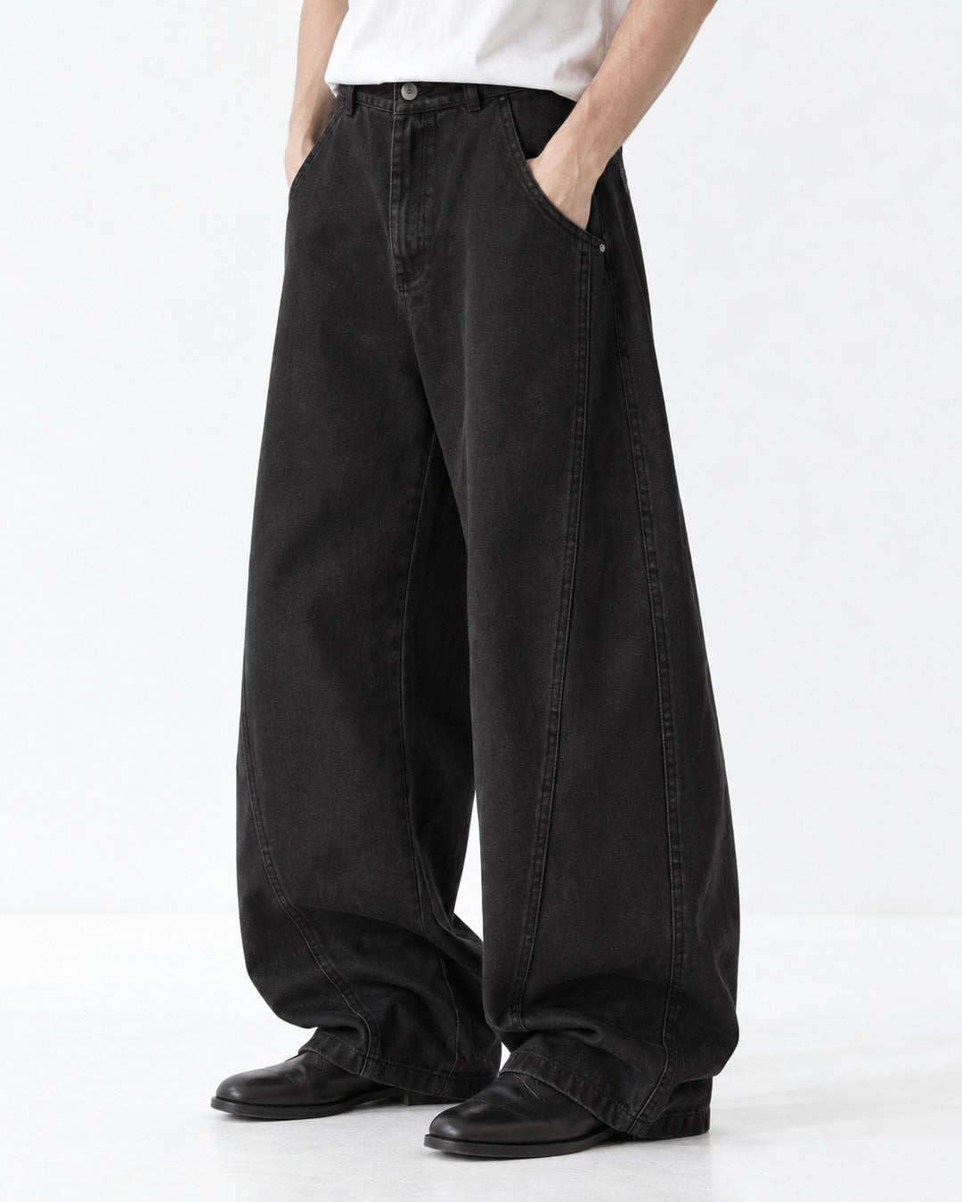 Curved-Seam Elastic-Waist Wide-Leg Pants