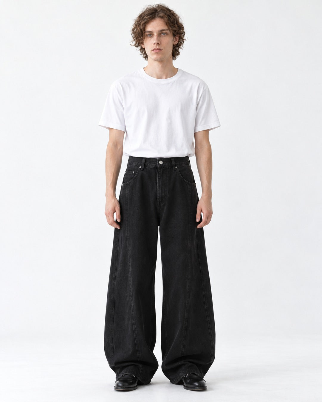 Curved-Seam Elastic-Waist Wide-Leg Pants