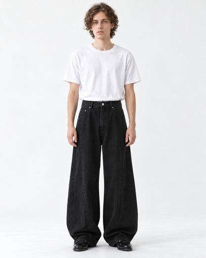 Curved-Seam Elastic-Waist Wide-Leg Pants