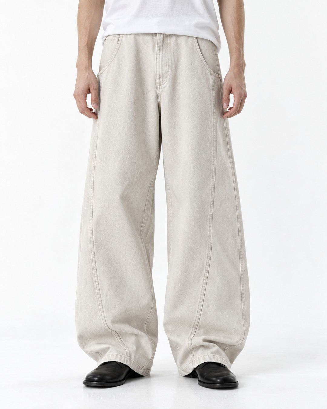 Curved-Seam Elastic-Waist Wide-Leg Pants