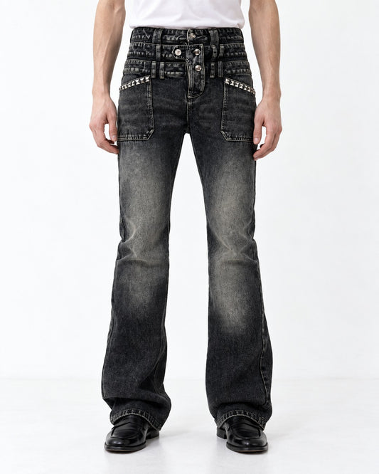 Rivet-Detail Distressed Jeans