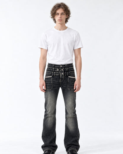 Rivet-Detail Distressed Jeans