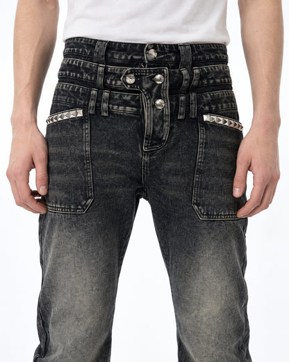 Rivet-Detail Distressed Jeans
