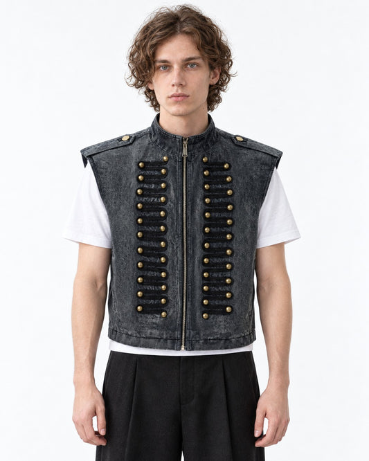 Raw-Edge Studded Denim Vest