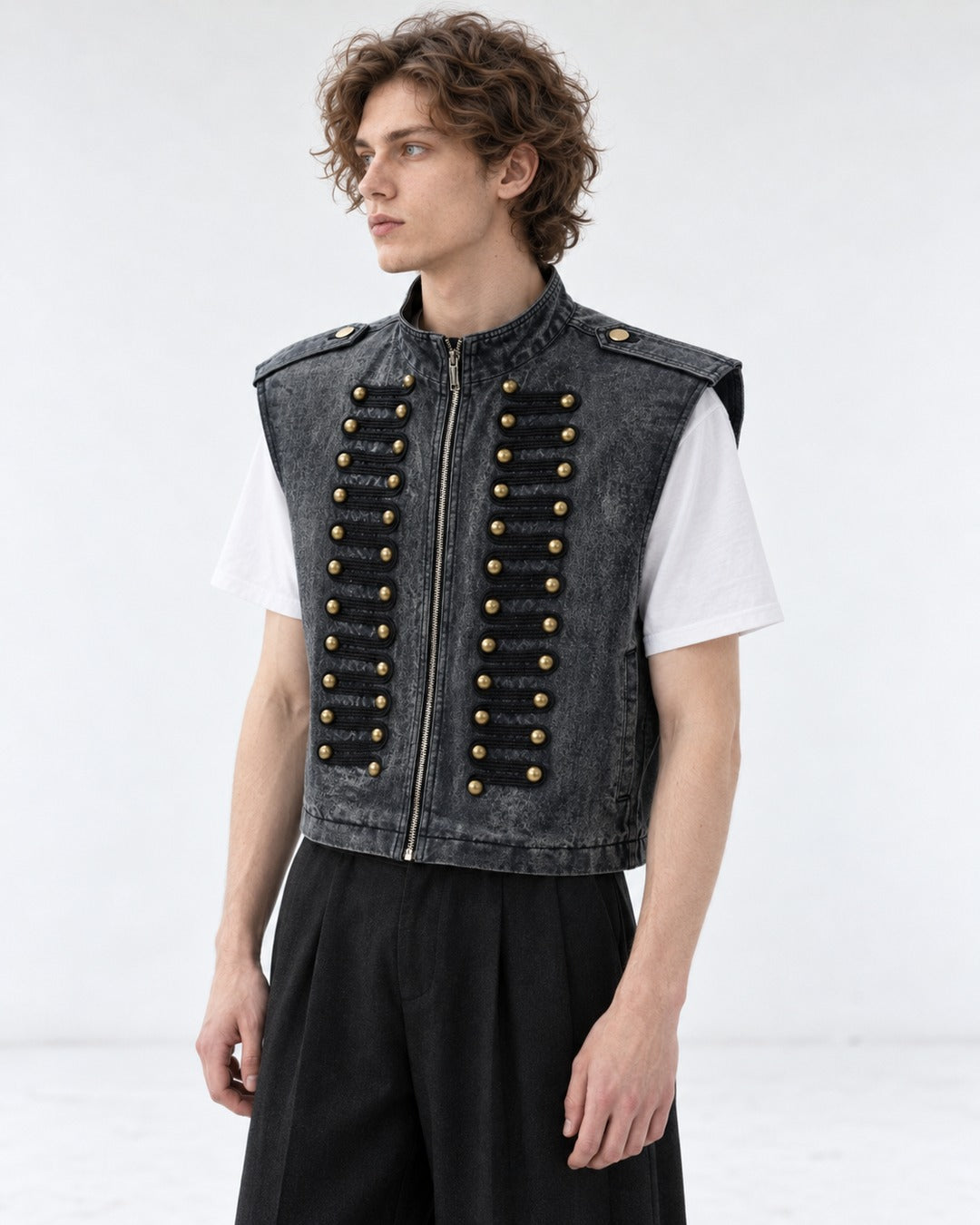 Raw-Edge Studded Denim Vest