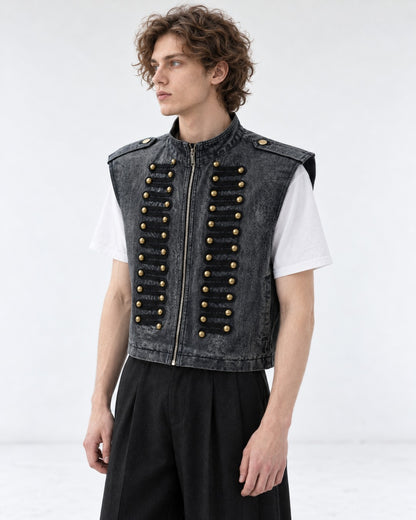 Raw-Edge Studded Denim Vest