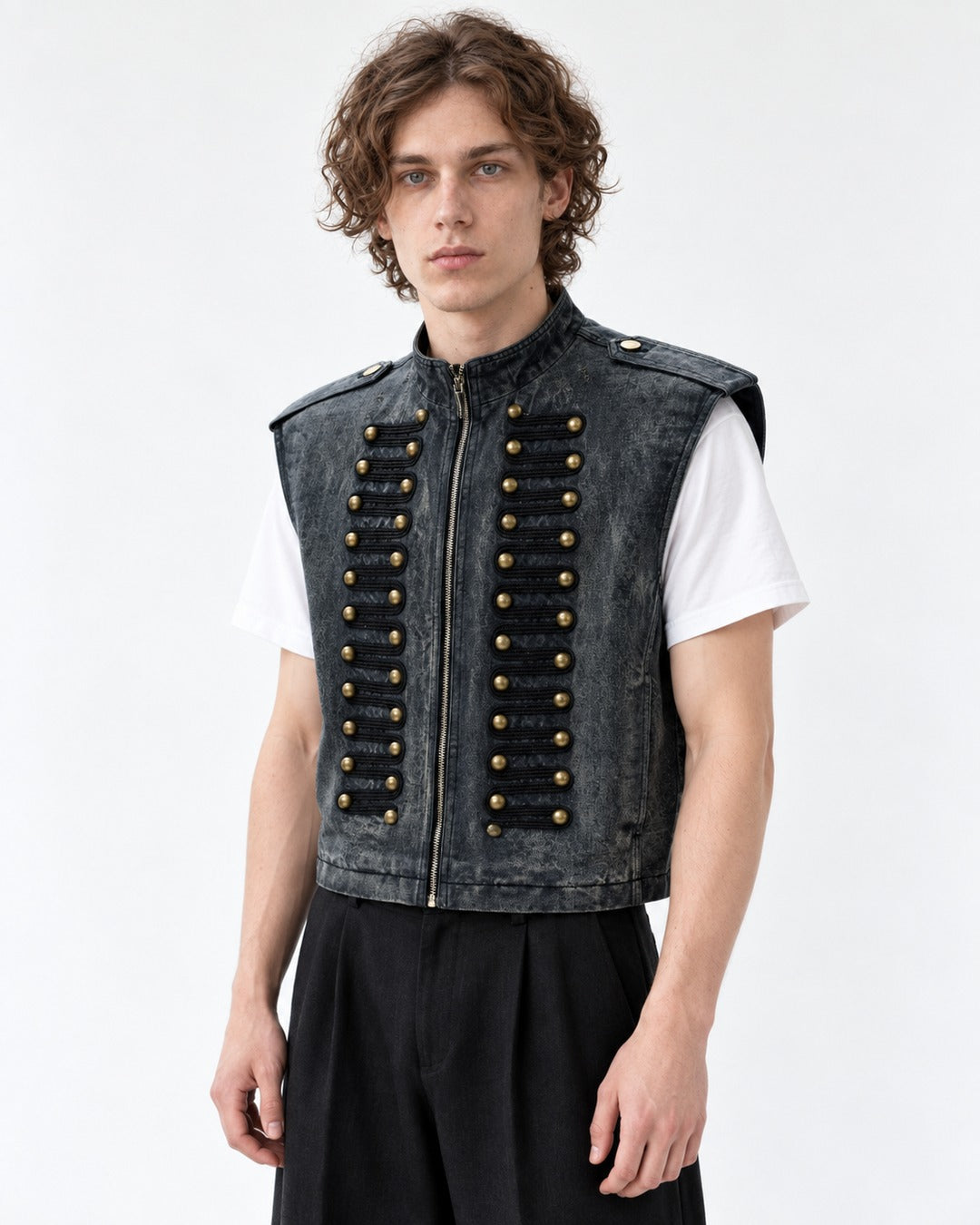 Raw-Edge Studded Denim Vest