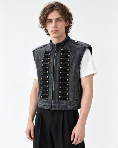 Raw-Edge Studded Denim Vest