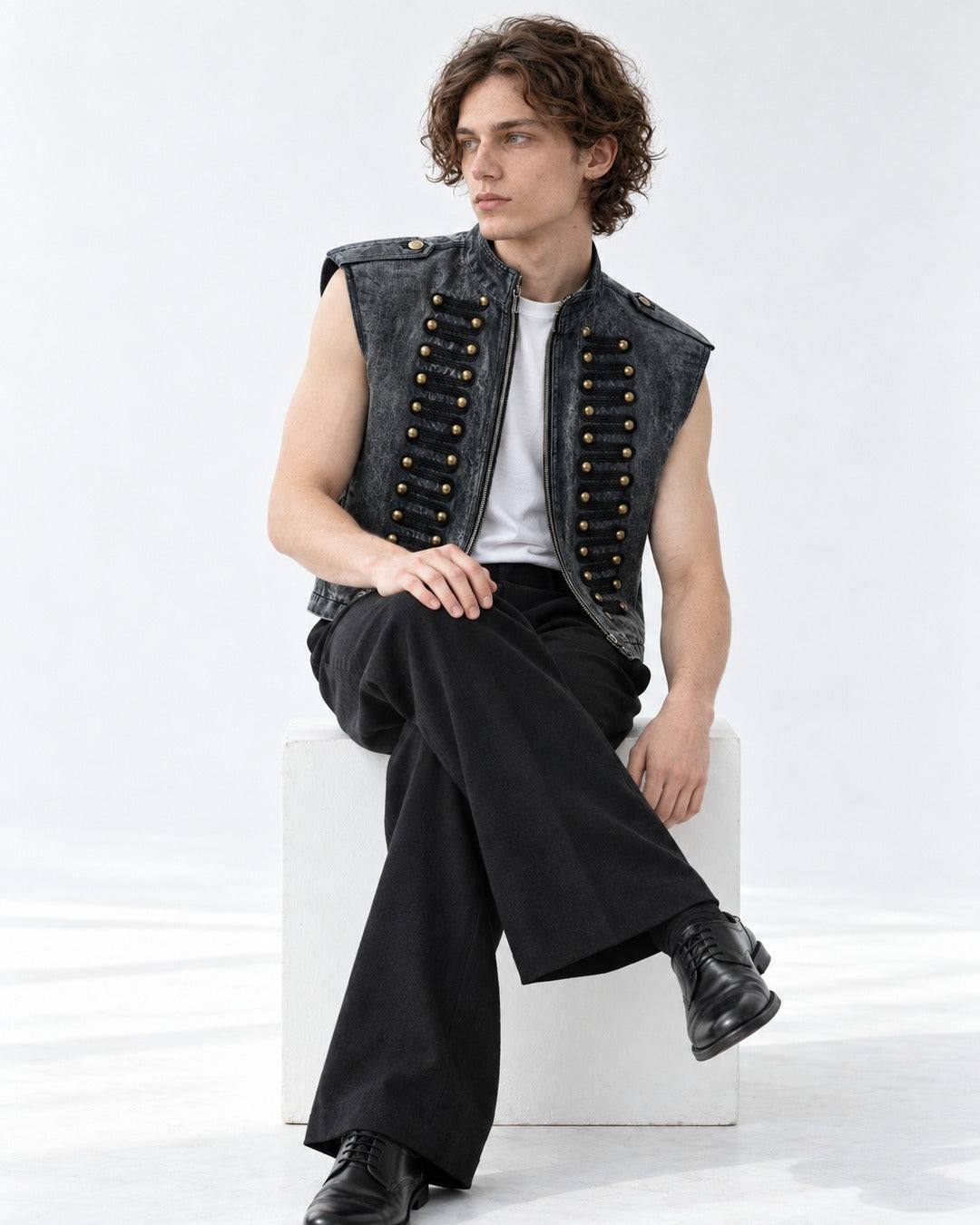 Raw-Edge Studded Denim Vest