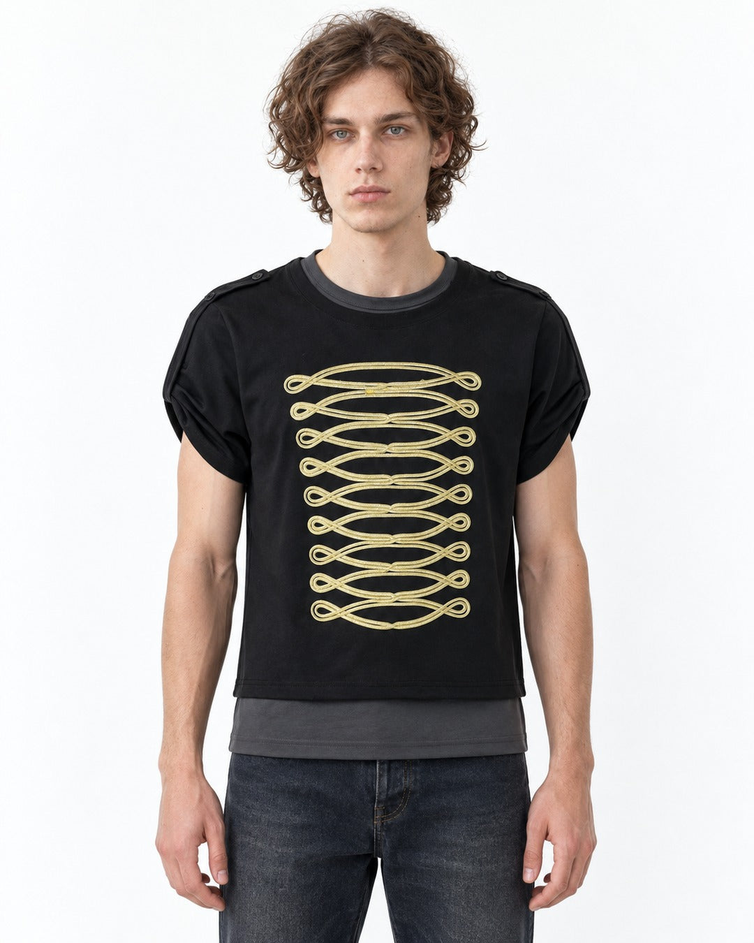 Tee with Gold Chain-Embroidered Panel